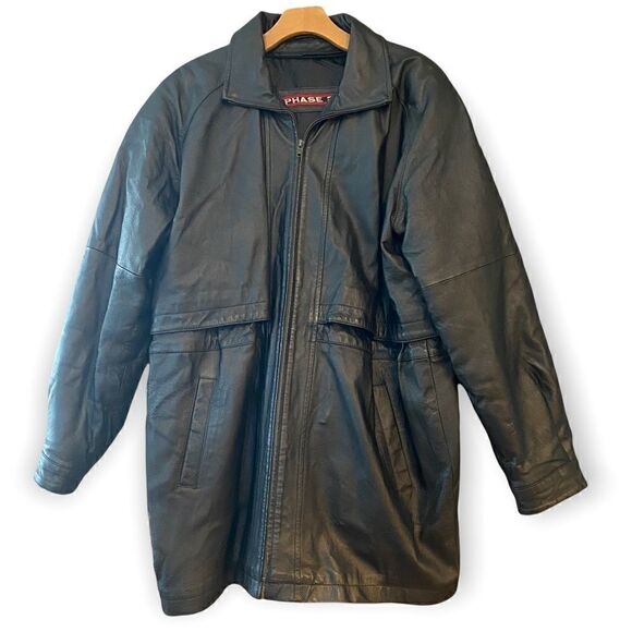 Phase 2 Vintage Black Leather Trench-Coat Shawl Collar Front Pockets Adj Waist - Picture 1 of 11